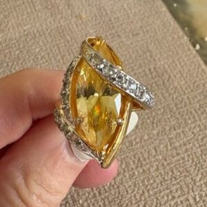 Marquise Cut Faceted Citrine Rhinestone Crystal Wrapped Accented 14KGE Ring SZ6